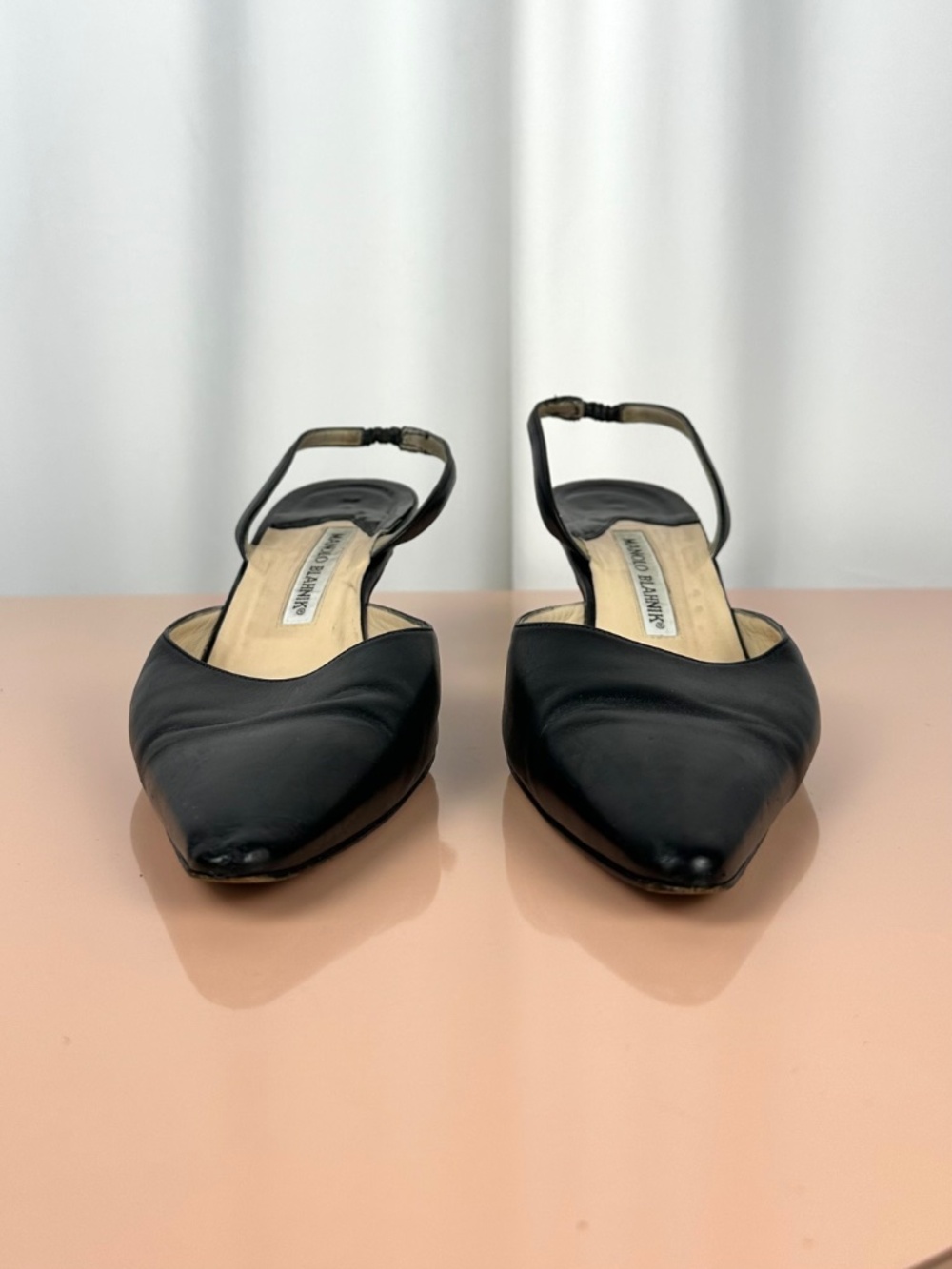 Vintage Manolo Blahnik Black Leather Pointed Toe Slingback Heels EU 39 - Picture 6 of 16